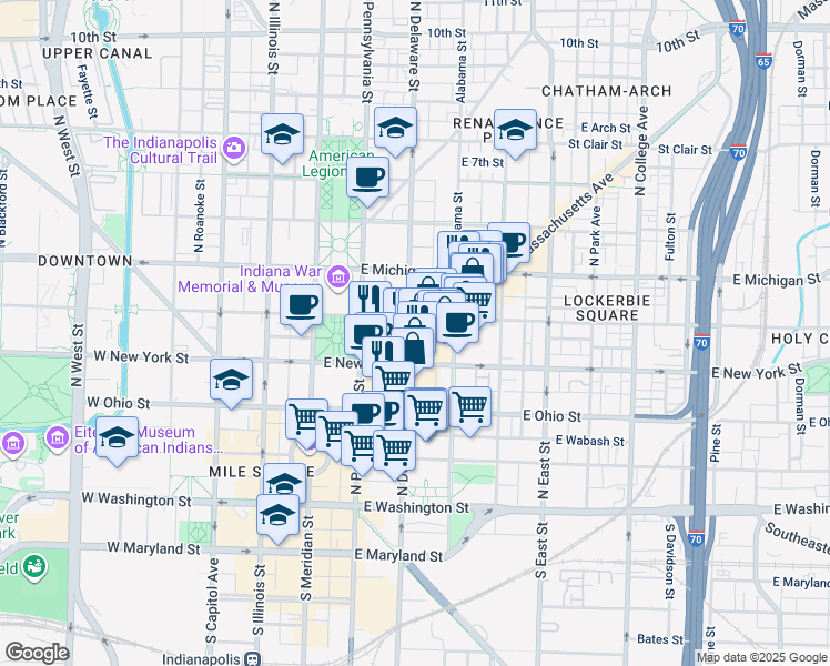 map of restaurants, bars, coffee shops, grocery stores, and more near 325 North Delaware Street in Indianapolis