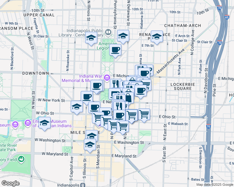 map of restaurants, bars, coffee shops, grocery stores, and more near 333 North Pennsylvania Street in Indianapolis