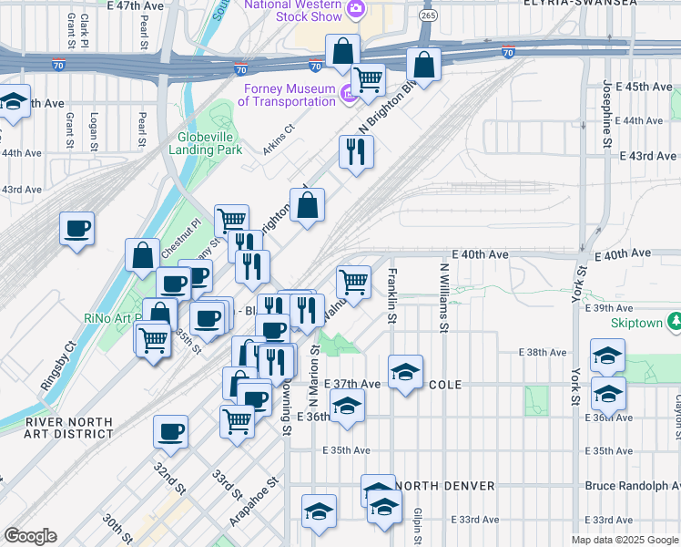 map of restaurants, bars, coffee shops, grocery stores, and more near 3930 Blake Street in Denver