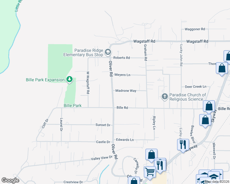 map of restaurants, bars, coffee shops, grocery stores, and more near 659 Madrone Way in Paradise