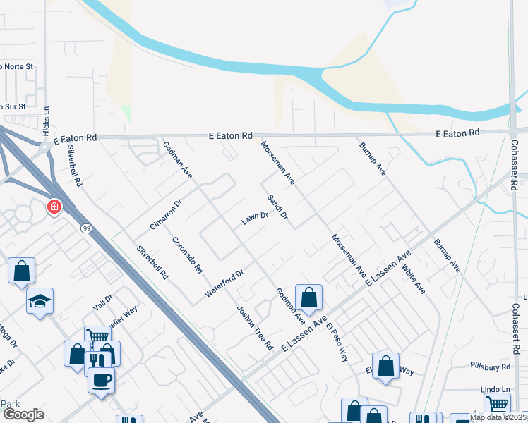 map of restaurants, bars, coffee shops, grocery stores, and more near 747 Lawn Drive in Chico