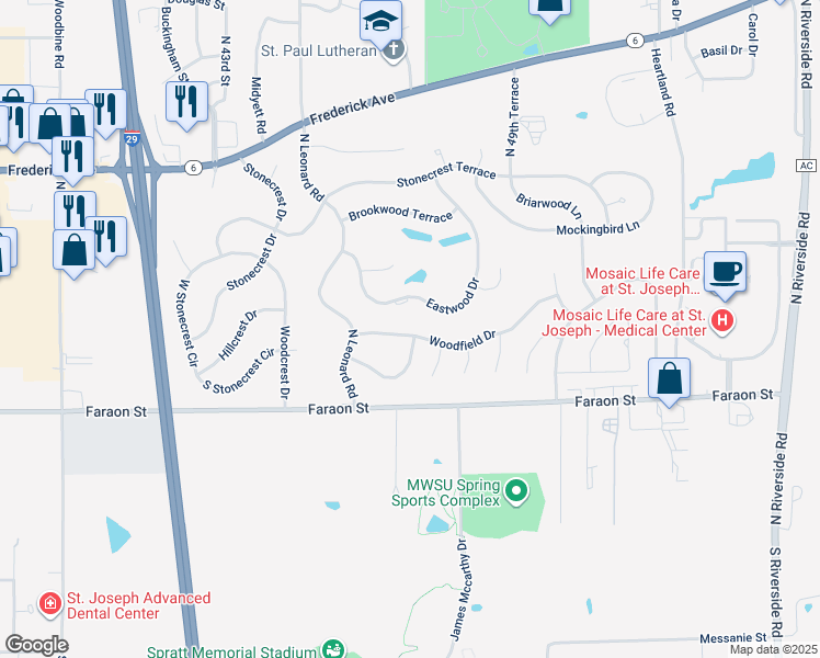 map of restaurants, bars, coffee shops, grocery stores, and more near 4705 Woodfield Drive in Saint Joseph