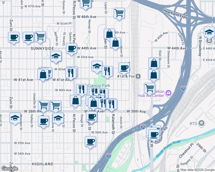 map of restaurants, bars, coffee shops, grocery stores, and more near 4038 Lipan Street in Denver