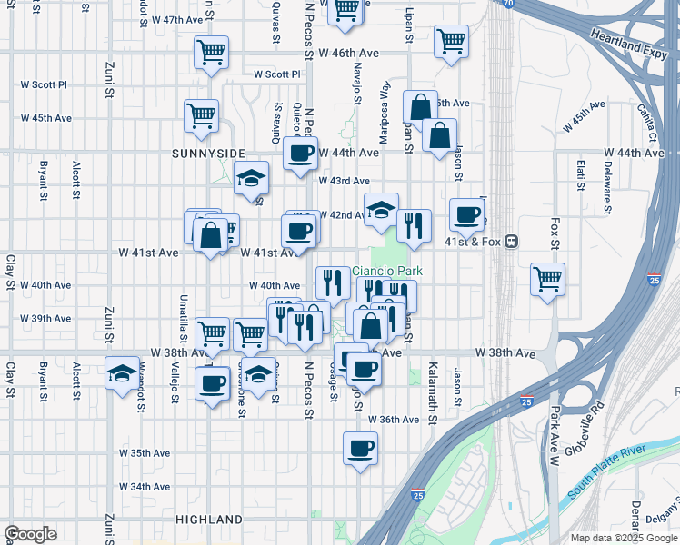 map of restaurants, bars, coffee shops, grocery stores, and more near 4033 Navajo Street in Denver