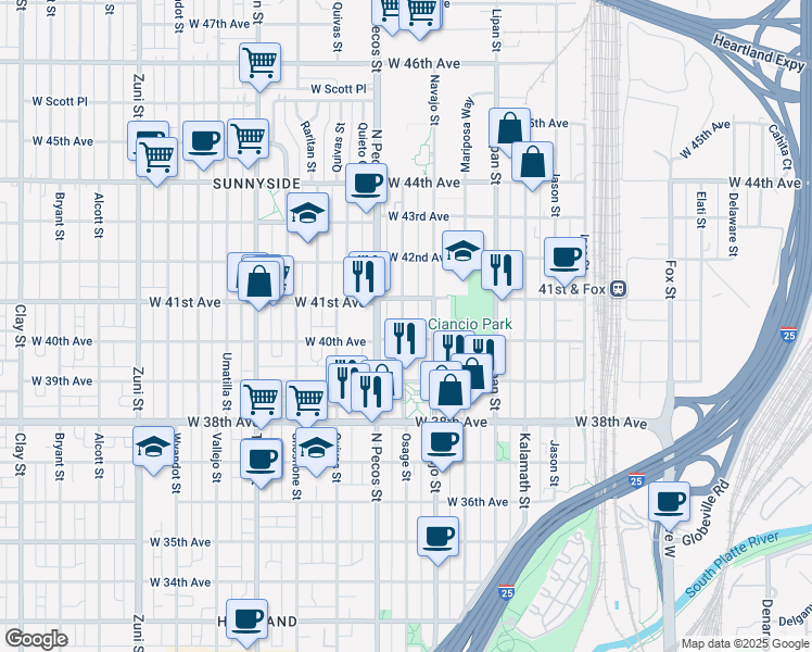 map of restaurants, bars, coffee shops, grocery stores, and more near 4031 Osage Street in Denver