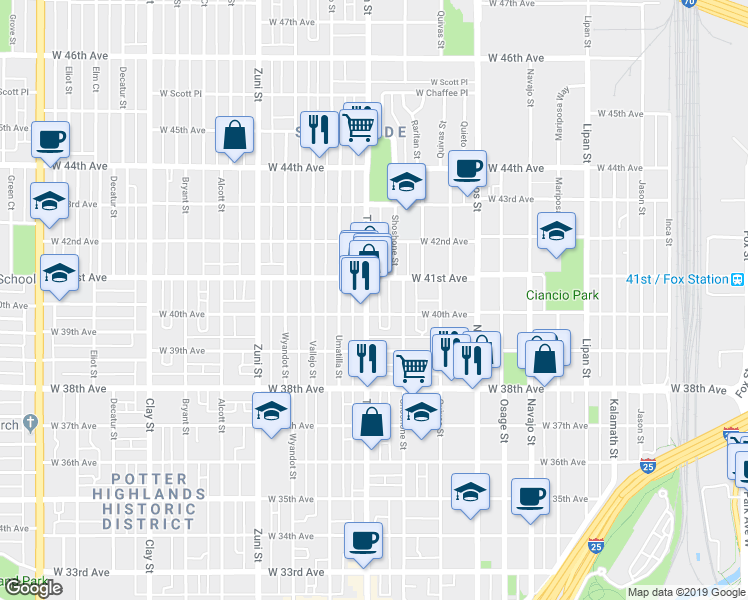 map of restaurants, bars, coffee shops, grocery stores, and more near 1930 West 41st Avenue in Denver