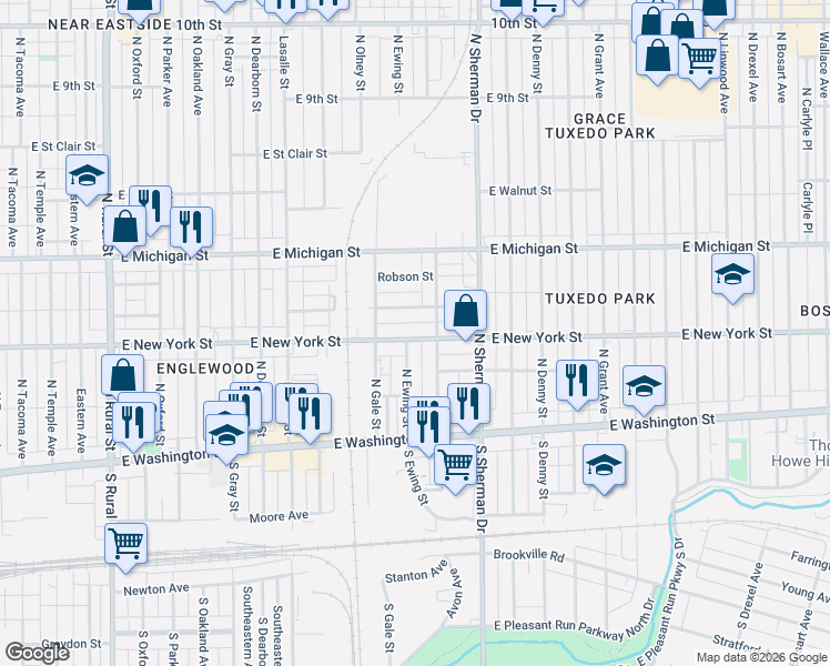 map of restaurants, bars, coffee shops, grocery stores, and more near 3619 East Vermont Street in Indianapolis