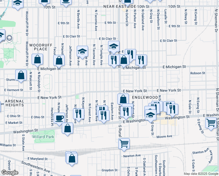 map of restaurants, bars, coffee shops, grocery stores, and more near 326 Eastern Avenue in Indianapolis