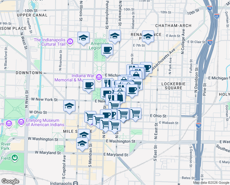 map of restaurants, bars, coffee shops, grocery stores, and more near 325 North Delaware Street in Indianapolis