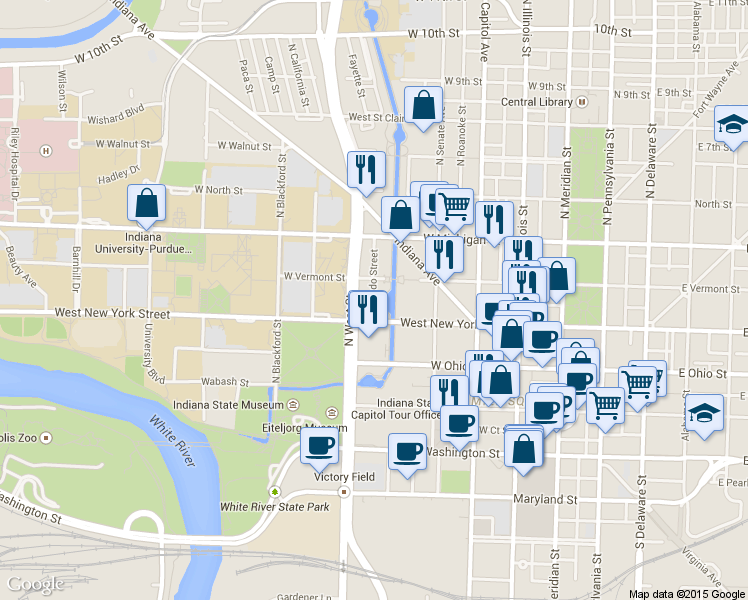 map of restaurants, bars, coffee shops, grocery stores, and more near 423 West Vermont Street in Indianapolis