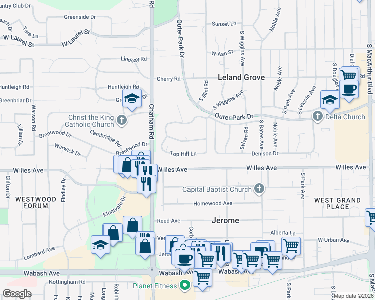 map of restaurants, bars, coffee shops, grocery stores, and more near 8 Wildwood Road in Leland Grove