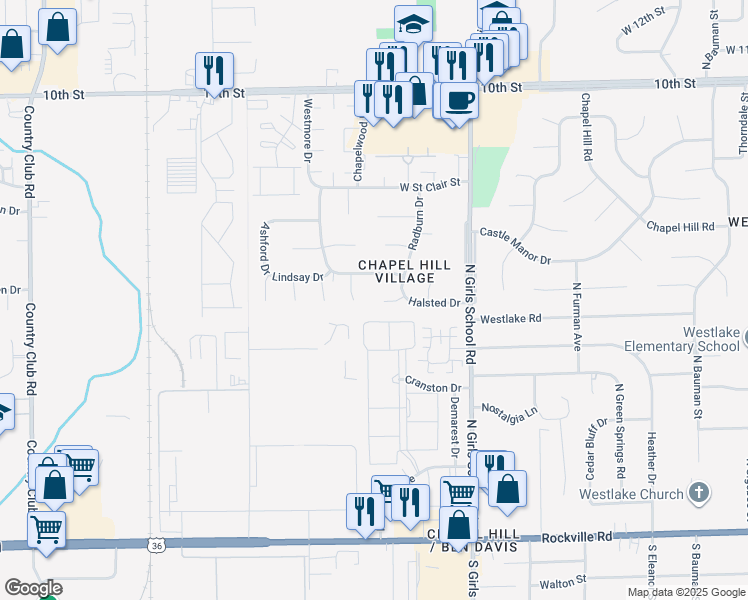 map of restaurants, bars, coffee shops, grocery stores, and more near 7504 Halsted Drive in Indianapolis