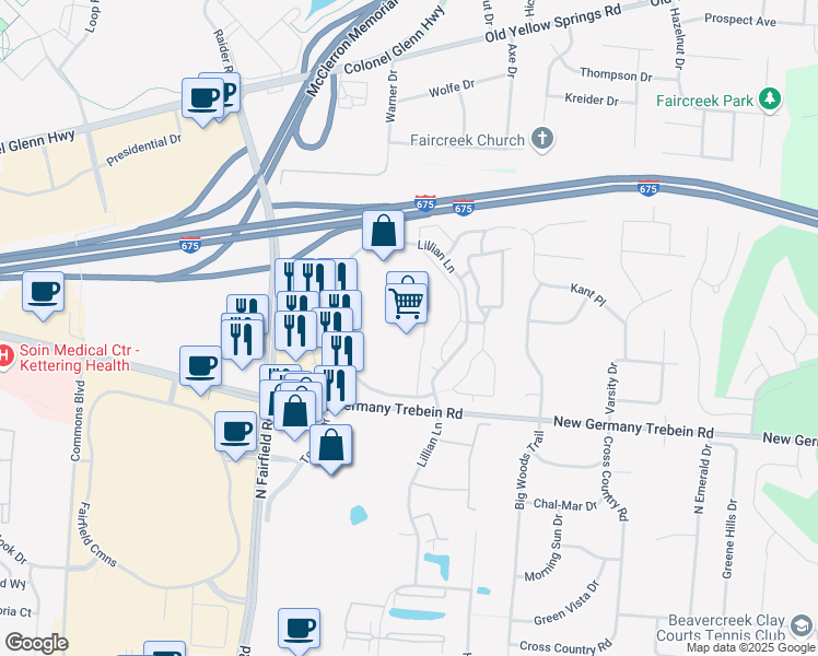 map of restaurants, bars, coffee shops, grocery stores, and more near 2850 Centre Drive in Beavercreek