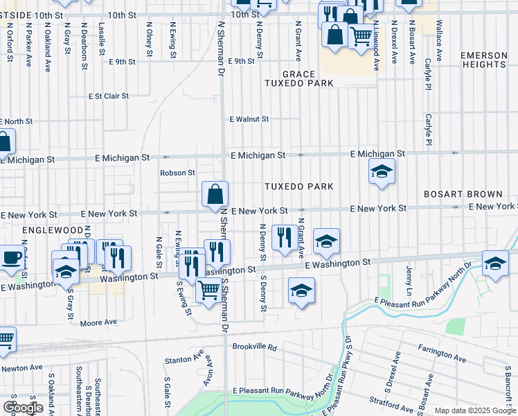 map of restaurants, bars, coffee shops, grocery stores, and more near 3850 East New York Street in Indianapolis