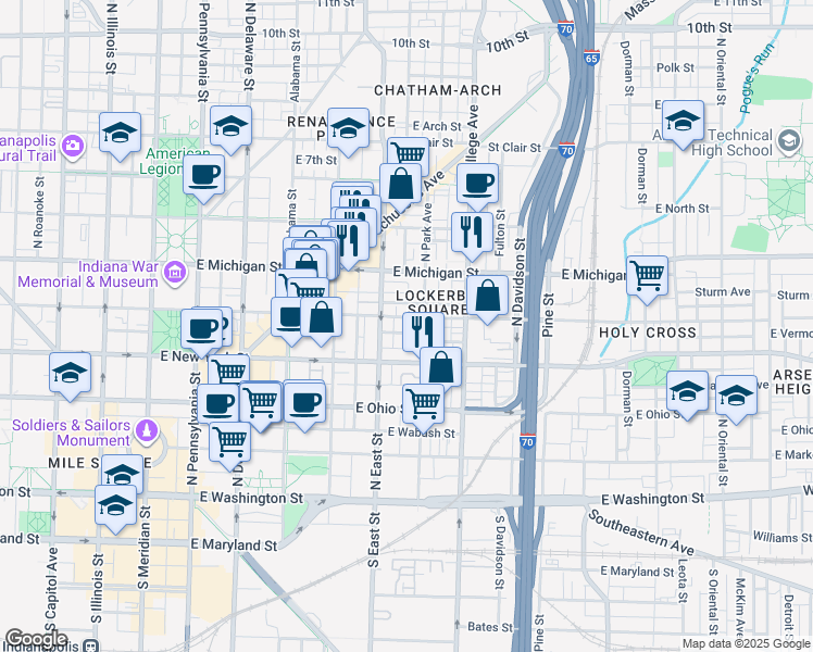map of restaurants, bars, coffee shops, grocery stores, and more near 528 Lockerbie Street in Indianapolis