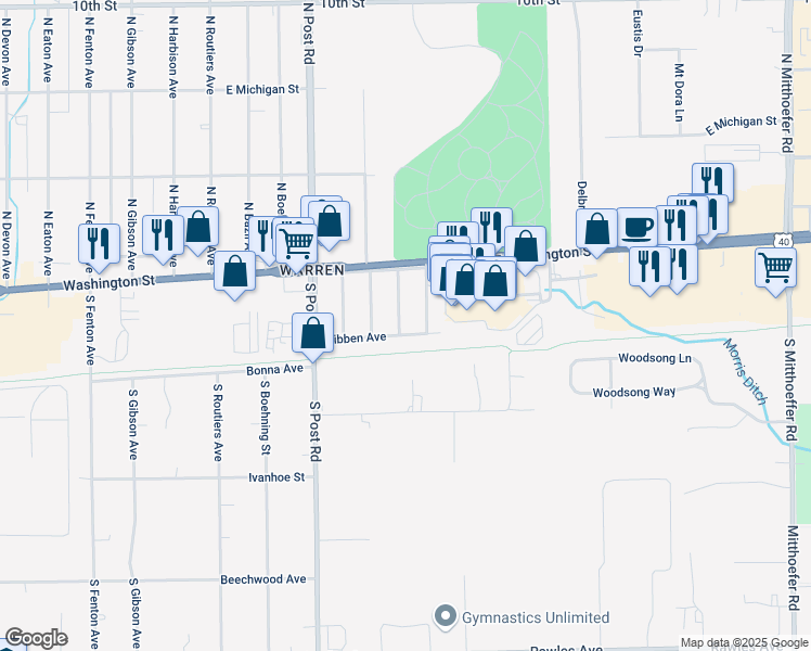 map of restaurants, bars, coffee shops, grocery stores, and more near 45 Rosemere Avenue in Indianapolis