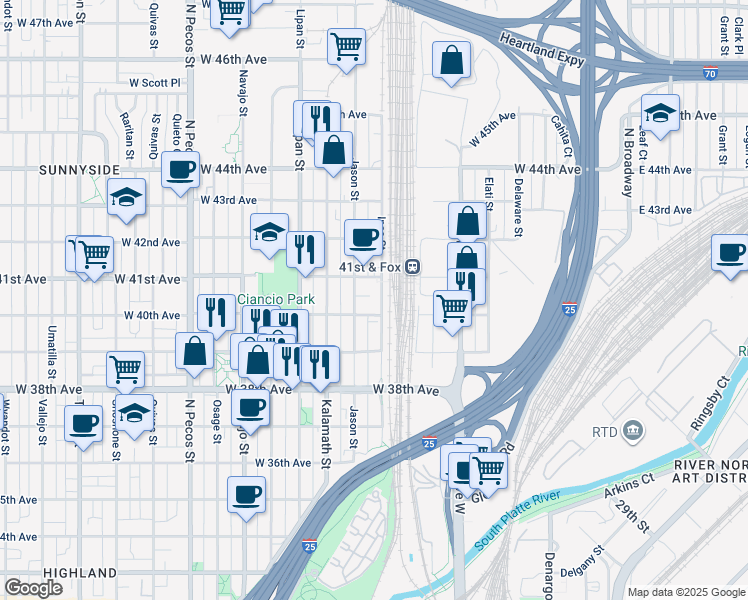 map of restaurants, bars, coffee shops, grocery stores, and more near 4055 Inca Street in Denver