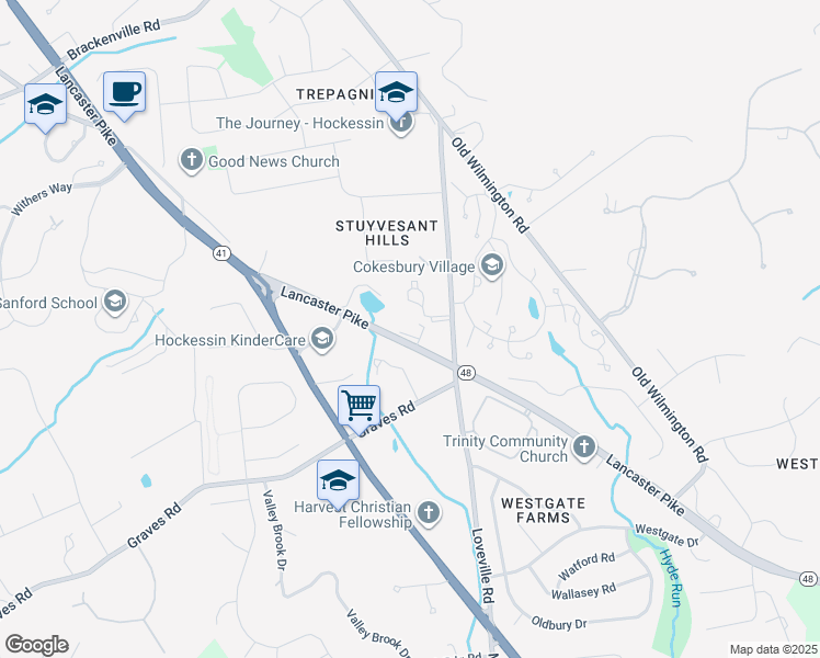 map of restaurants, bars, coffee shops, grocery stores, and more near 6677 Lancaster Pike in Hockessin