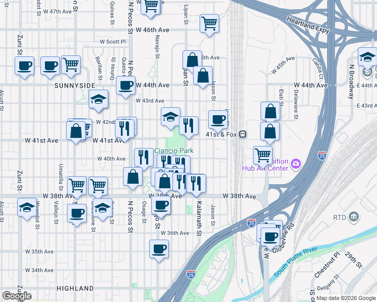 map of restaurants, bars, coffee shops, grocery stores, and more near 4038 Lipan Street in Denver
