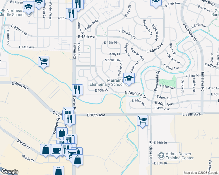 map of restaurants, bars, coffee shops, grocery stores, and more near 4420 North Argonne Street in Denver