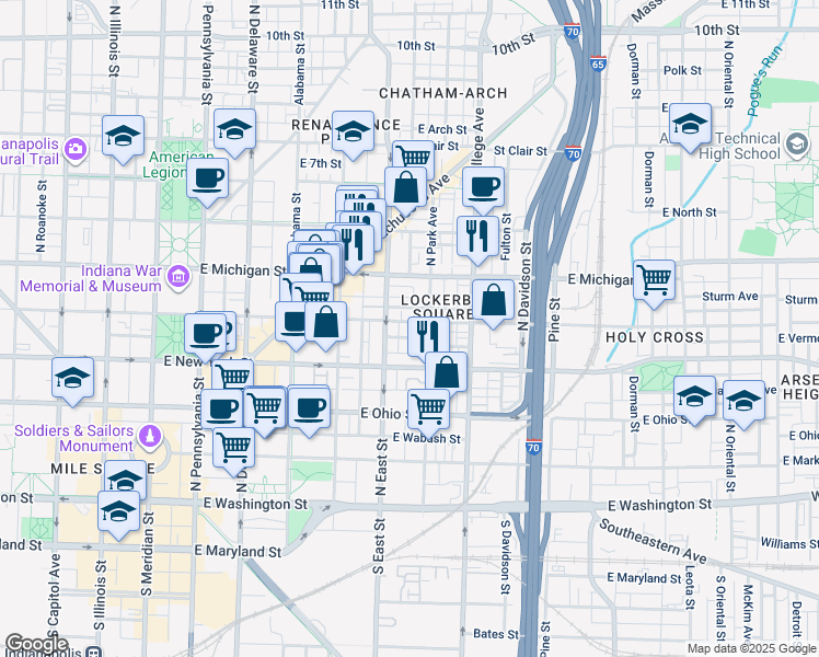 map of restaurants, bars, coffee shops, grocery stores, and more near 528 Lockerbie Street in Indianapolis