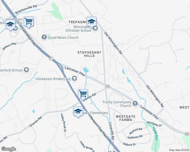 map of restaurants, bars, coffee shops, grocery stores, and more near 6677 Lancaster Pike in Hockessin