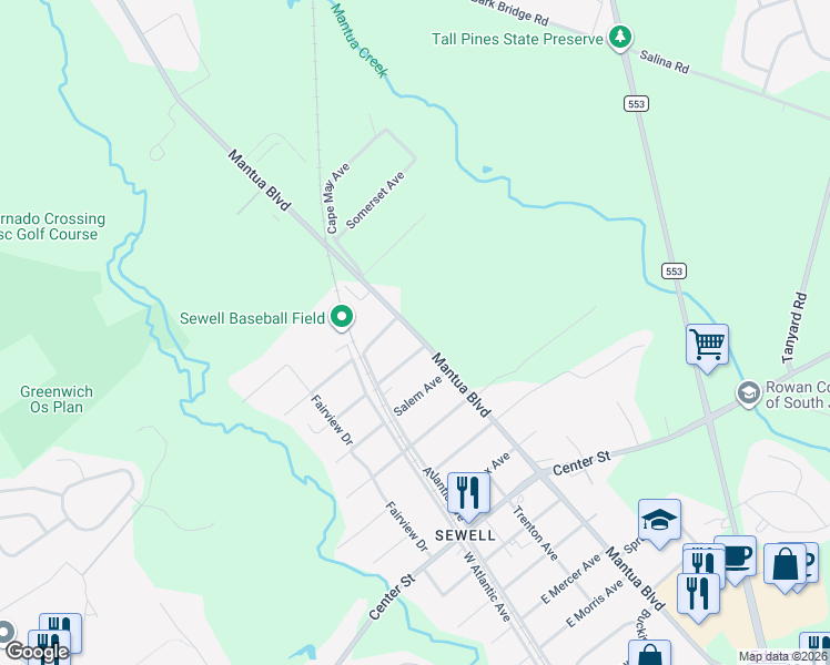 map of restaurants, bars, coffee shops, grocery stores, and more near Mantua Boulevard in Mantua Township