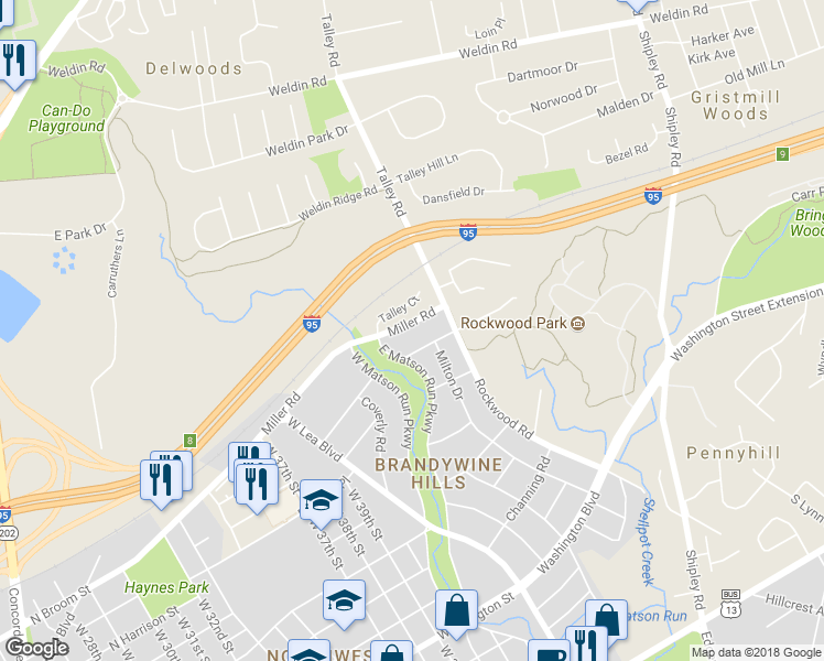 map of restaurants, bars, coffee shops, grocery stores, and more near 4404 Miller Road in Wilmington