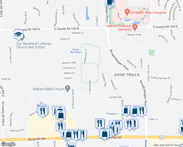 map of restaurants, bars, coffee shops, grocery stores, and more near 9931 Lakefield Lane in Avon