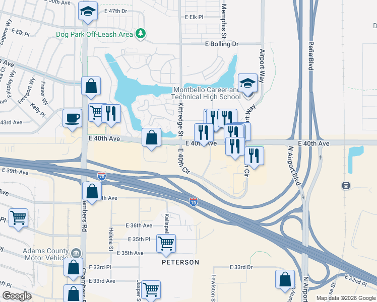 map of restaurants, bars, coffee shops, grocery stores, and more near 16001 East 40th Circle in Aurora
