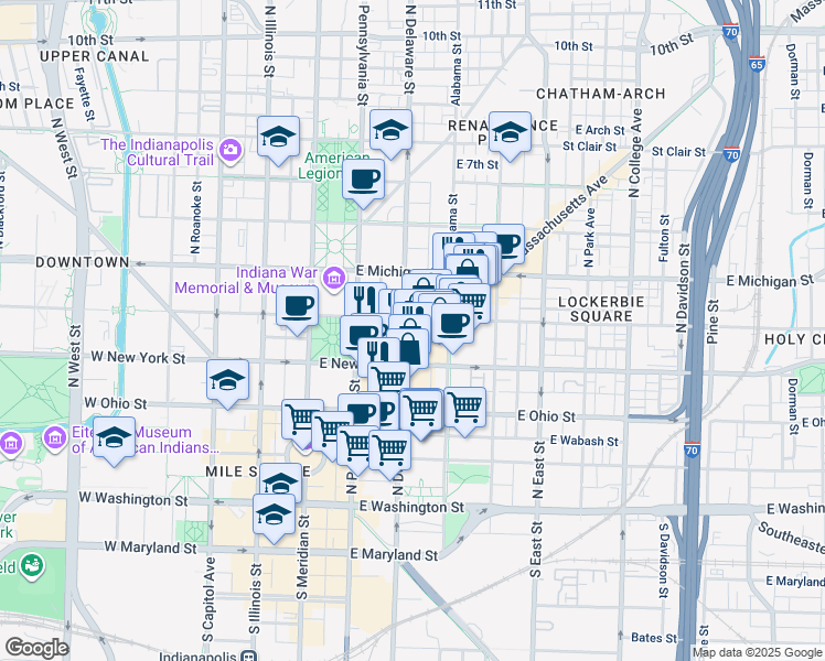map of restaurants, bars, coffee shops, grocery stores, and more near 325 North Delaware Street in Indianapolis