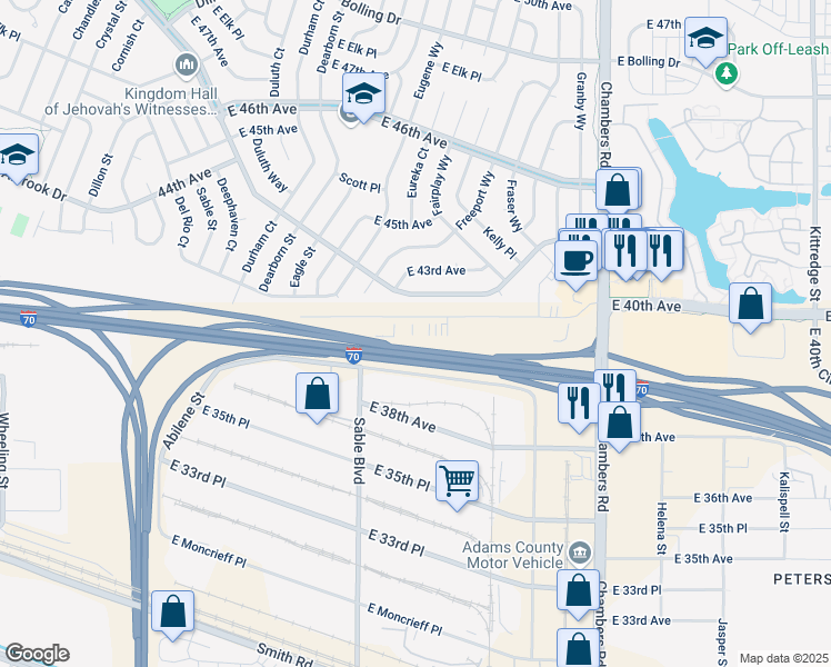 map of restaurants, bars, coffee shops, grocery stores, and more near 14750 East 40th Avenue in Denver