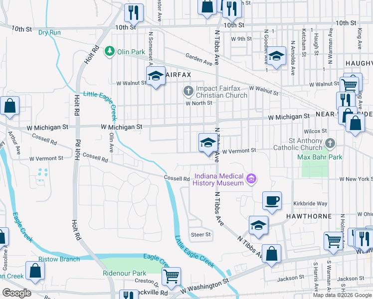map of restaurants, bars, coffee shops, grocery stores, and more near 416 North Berwick Avenue in Indianapolis