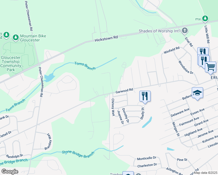 map of restaurants, bars, coffee shops, grocery stores, and more near 2 Patriot Court in Sicklerville