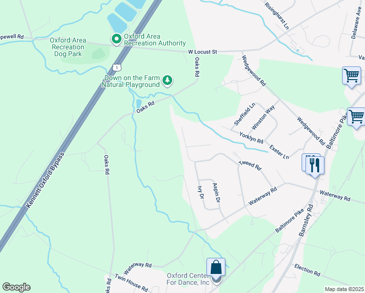 map of restaurants, bars, coffee shops, grocery stores, and more near 429 Highland Court in Oxford