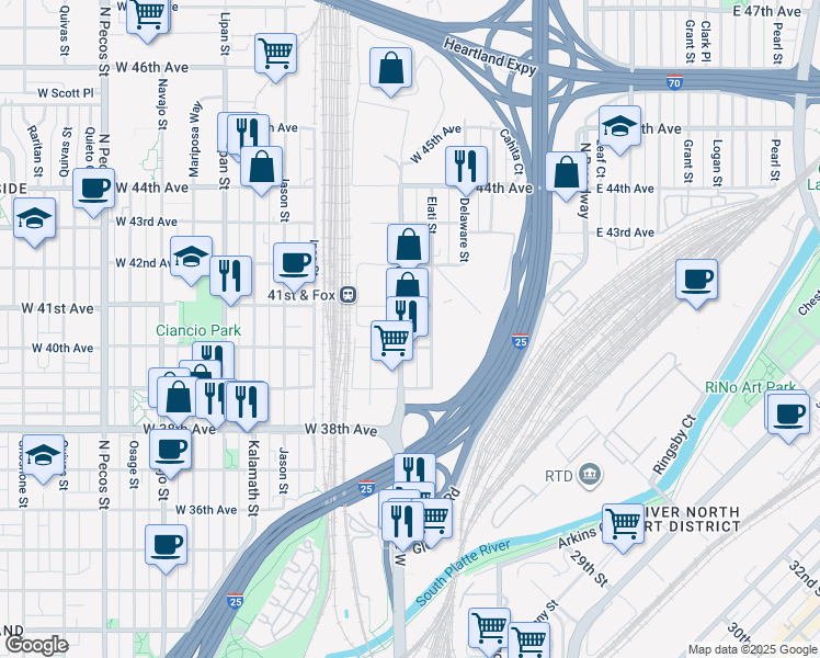 map of restaurants, bars, coffee shops, grocery stores, and more near 4055 Elati Street in Denver