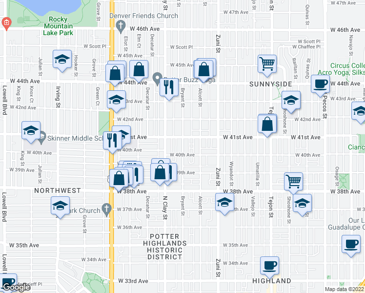 map of restaurants, bars, coffee shops, grocery stores, and more near 4039 Bryant Street in Denver