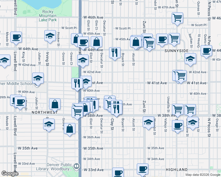 map of restaurants, bars, coffee shops, grocery stores, and more near 4017 Clay Street in Denver