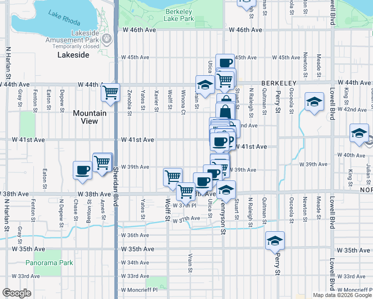 map of restaurants, bars, coffee shops, grocery stores, and more near 3975 Vrain Street in Denver