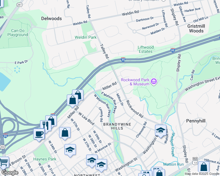 map of restaurants, bars, coffee shops, grocery stores, and more near 4404 Miller Road in Wilmington