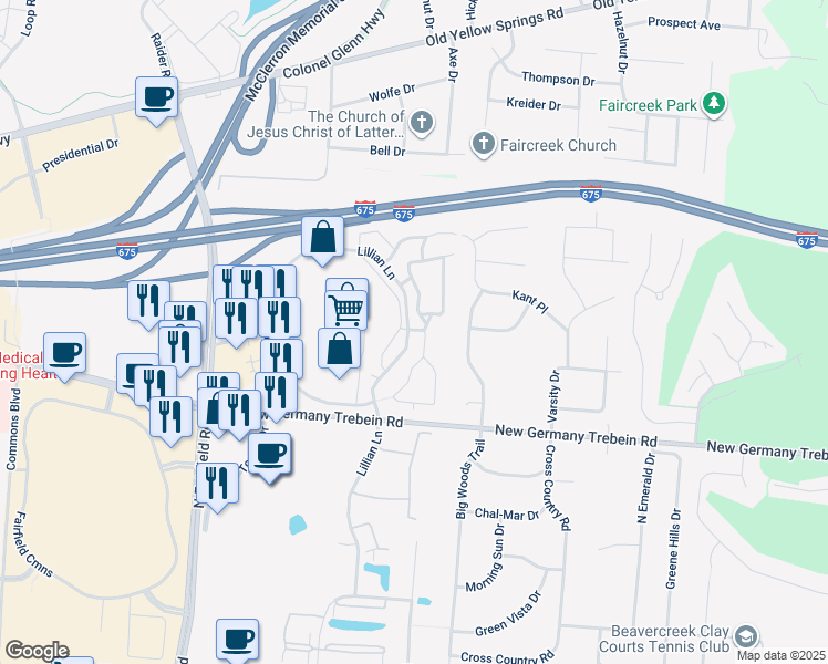 map of restaurants, bars, coffee shops, grocery stores, and more near 3025 Fountain Drive in Beavercreek