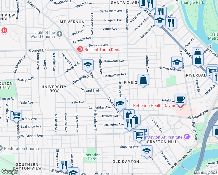 map of restaurants, bars, coffee shops, grocery stores, and more near 938 Harvard Boulevard in Dayton