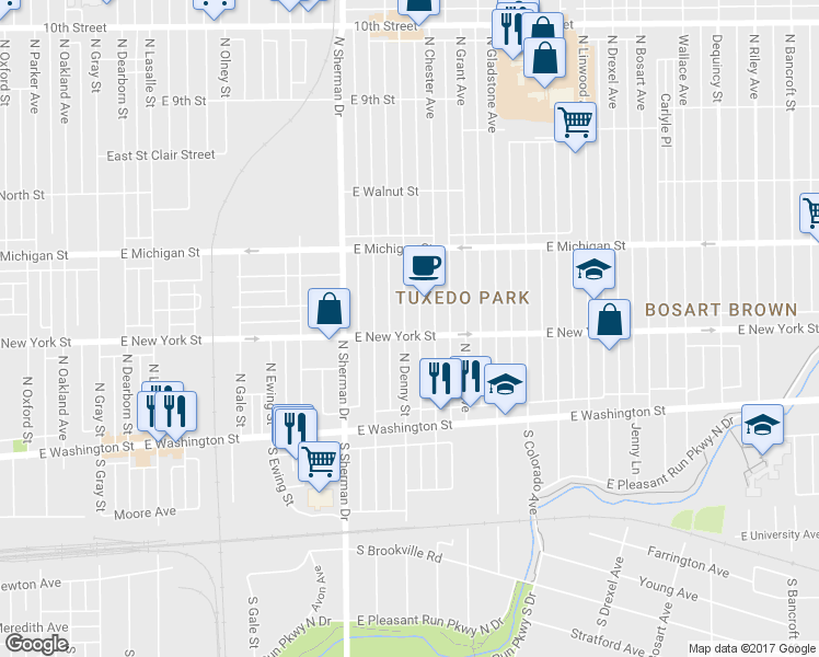 map of restaurants, bars, coffee shops, grocery stores, and more near 316 North Denny Street in Indianapolis