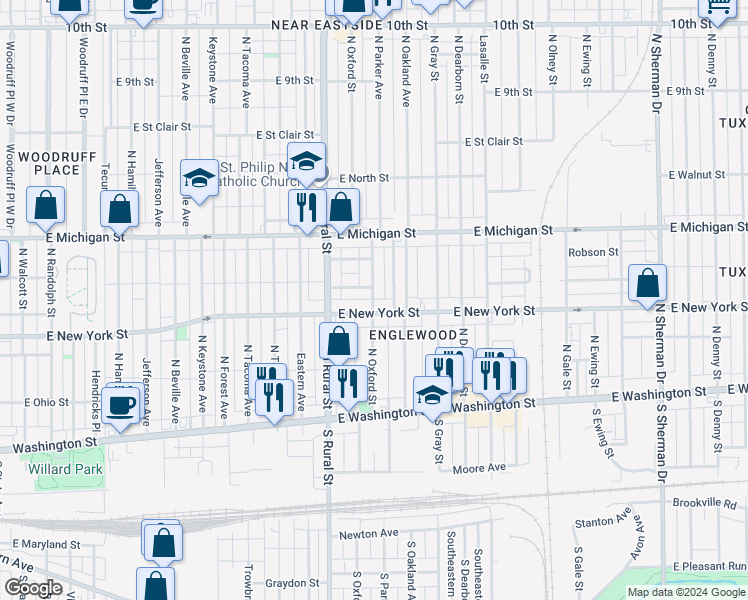 map of restaurants, bars, coffee shops, grocery stores, and more near 320 North Oxford Street in Indianapolis
