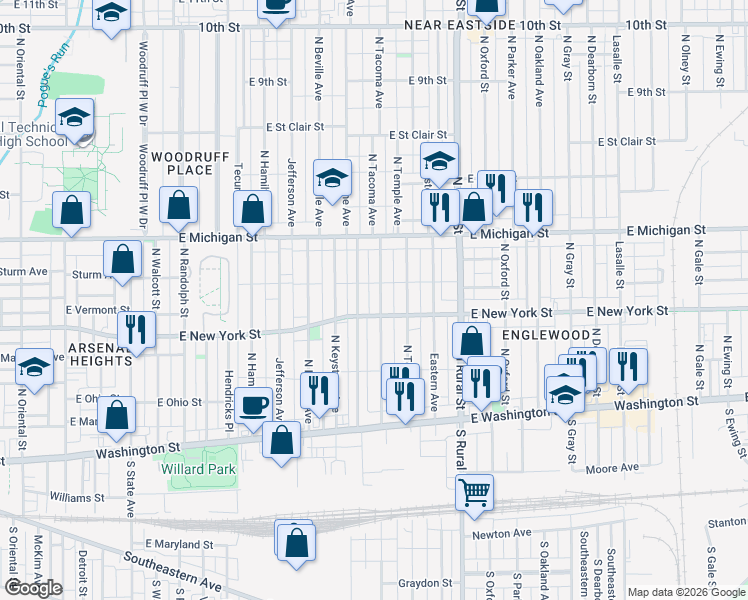 map of restaurants, bars, coffee shops, grocery stores, and more near 325 North Tacoma Avenue in Indianapolis
