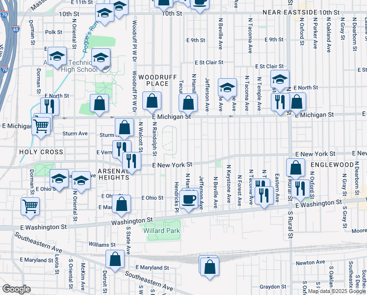 map of restaurants, bars, coffee shops, grocery stores, and more near 340 North Hamilton Avenue in Indianapolis