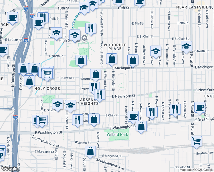 map of restaurants, bars, coffee shops, grocery stores, and more near 428 North Walcott Street in Indianapolis
