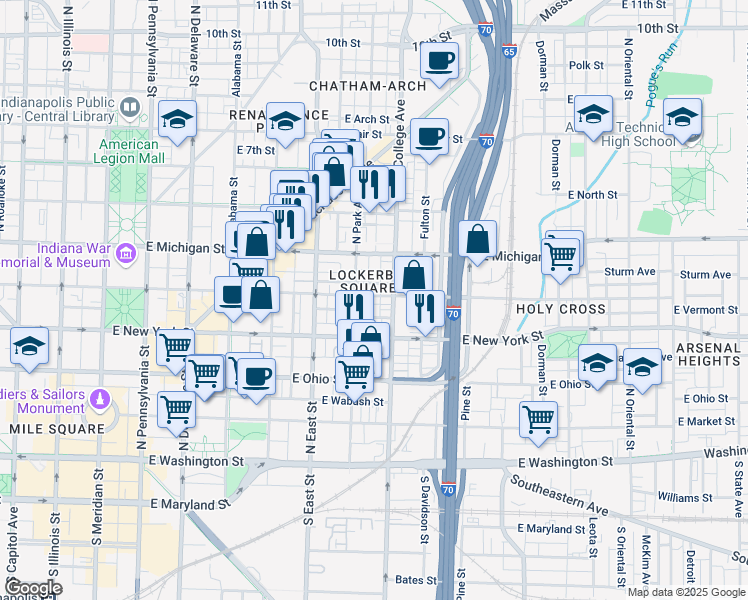 map of restaurants, bars, coffee shops, grocery stores, and more near in Indianapolis