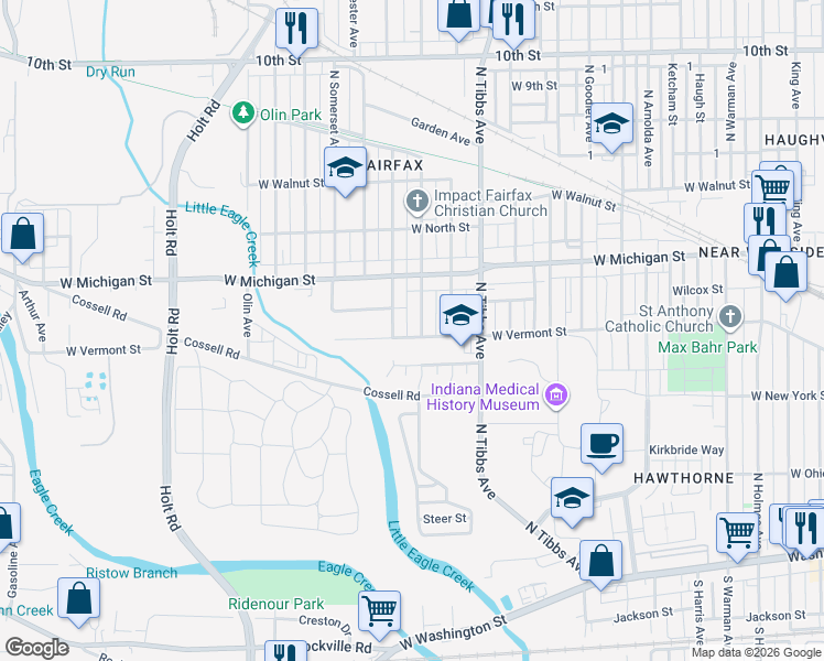 map of restaurants, bars, coffee shops, grocery stores, and more near 416 North Berwick Avenue in Indianapolis