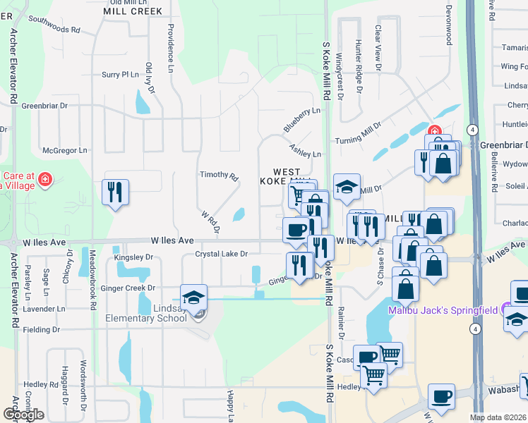 map of restaurants, bars, coffee shops, grocery stores, and more near 2308 Checkerberry Lane in Springfield